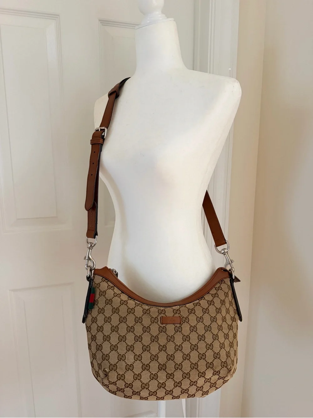 Authentic GUCCI GG Canvas Web Sherry Line Half Moon Crossbody bag